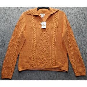 Vintage Talbots Sweater Womens XL Orange Cable Knit V-Neck Collared Pullover NOS